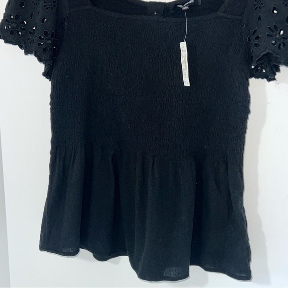 NWT Madewell Eyelet Lucie Square Neck Smocked Short Eyelet Sleeve Top Black S - Picture 4 of 13